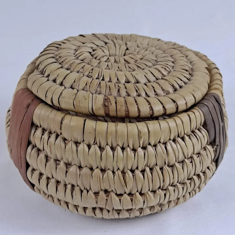 Handmade Woven Basket with Lid Tan and Brown Trinkets Jewelry Holder Etc